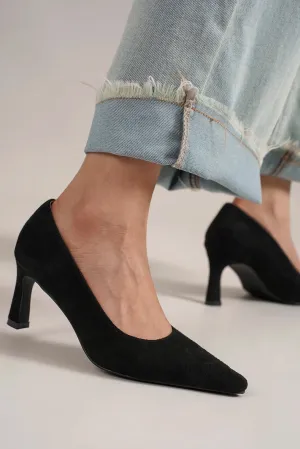 Black Faux Suede Point Toe Pumps