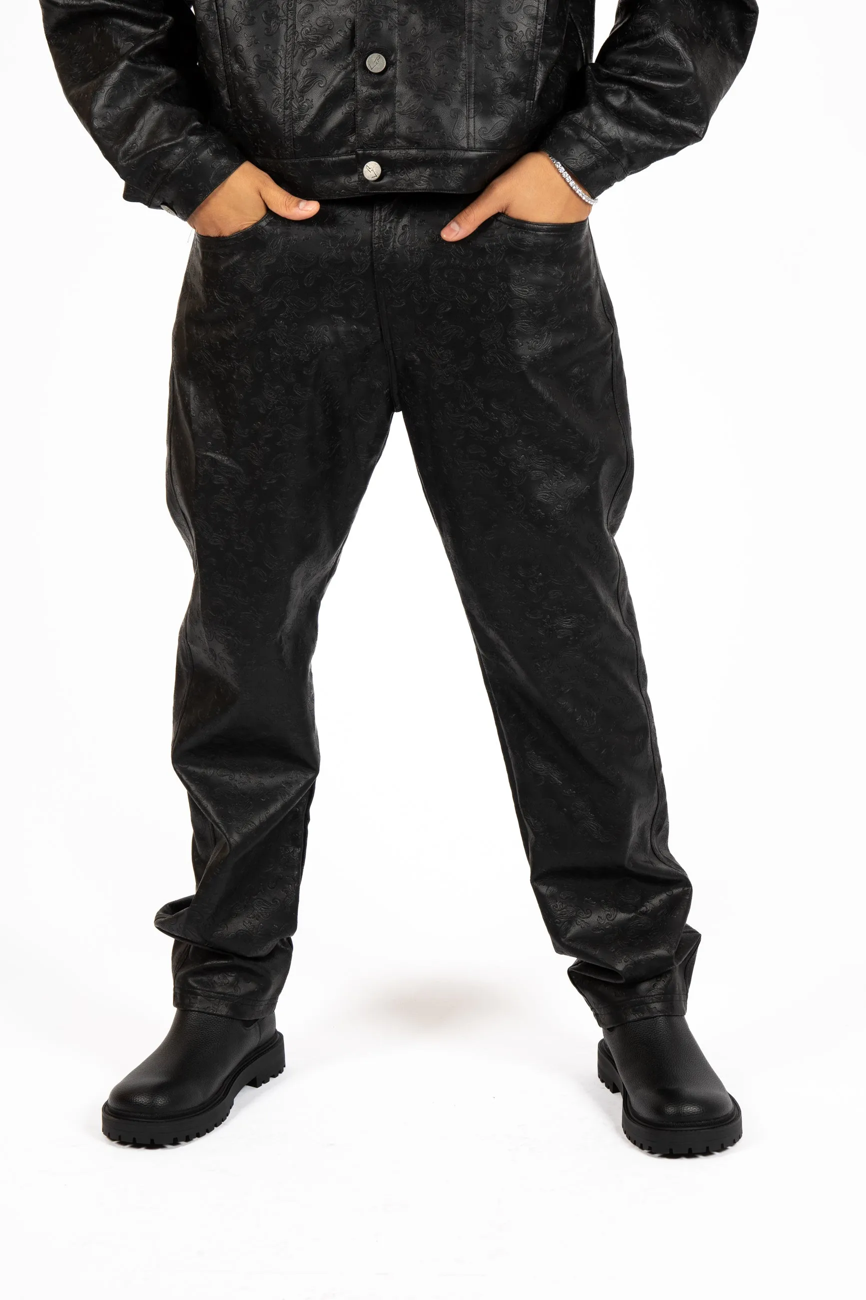Black PU Paisley Embossed Trouser