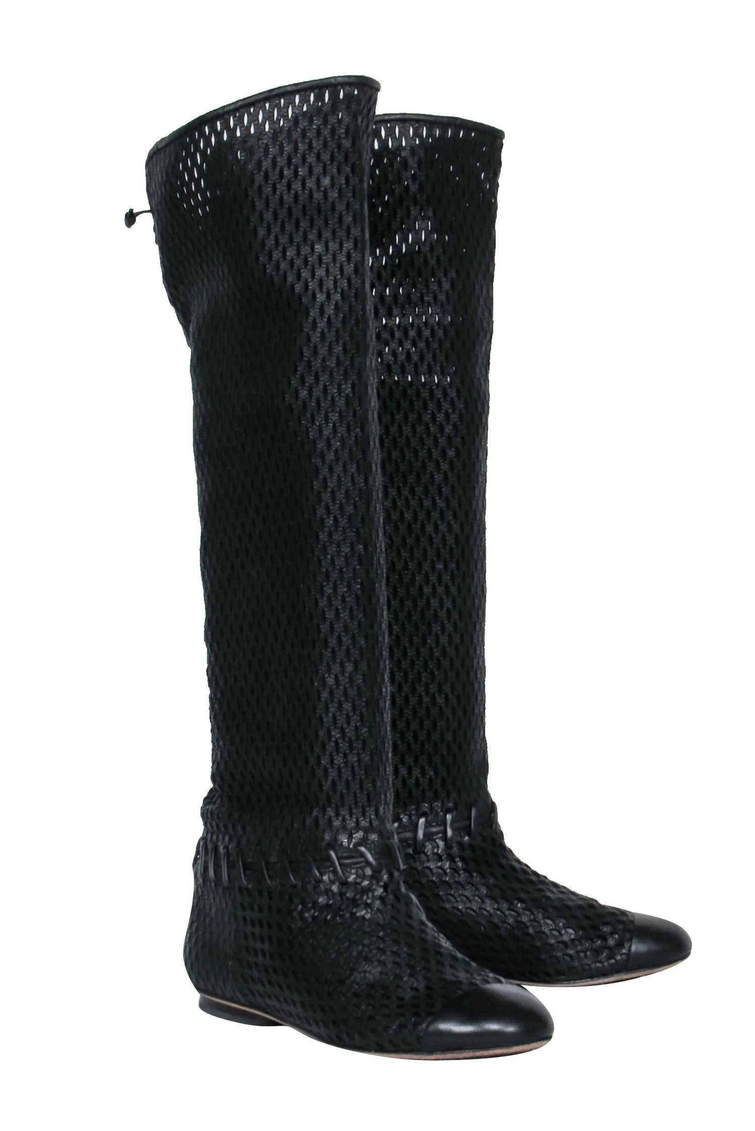 Chanel - Black Woven Knee High Lace-Up Boots Sz 7