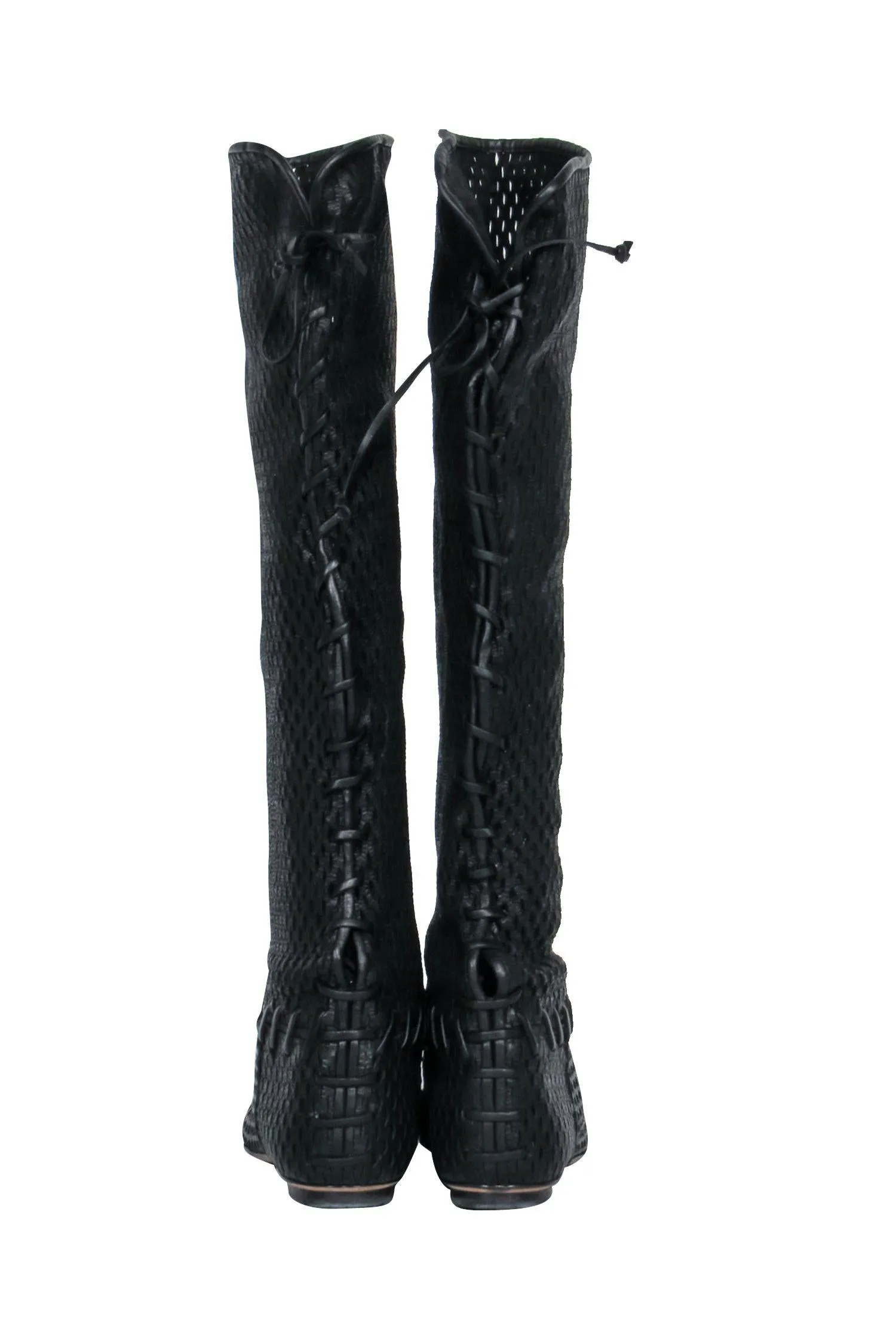 Chanel - Black Woven Knee High Lace-Up Boots Sz 7