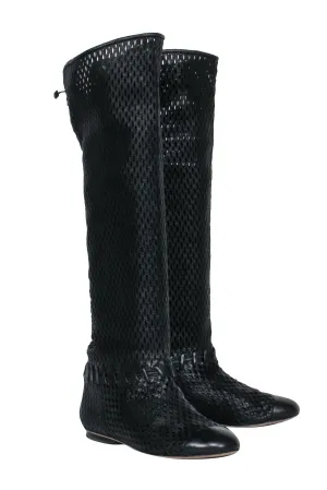 Chanel - Black Woven Knee High Lace-Up Boots Sz 7