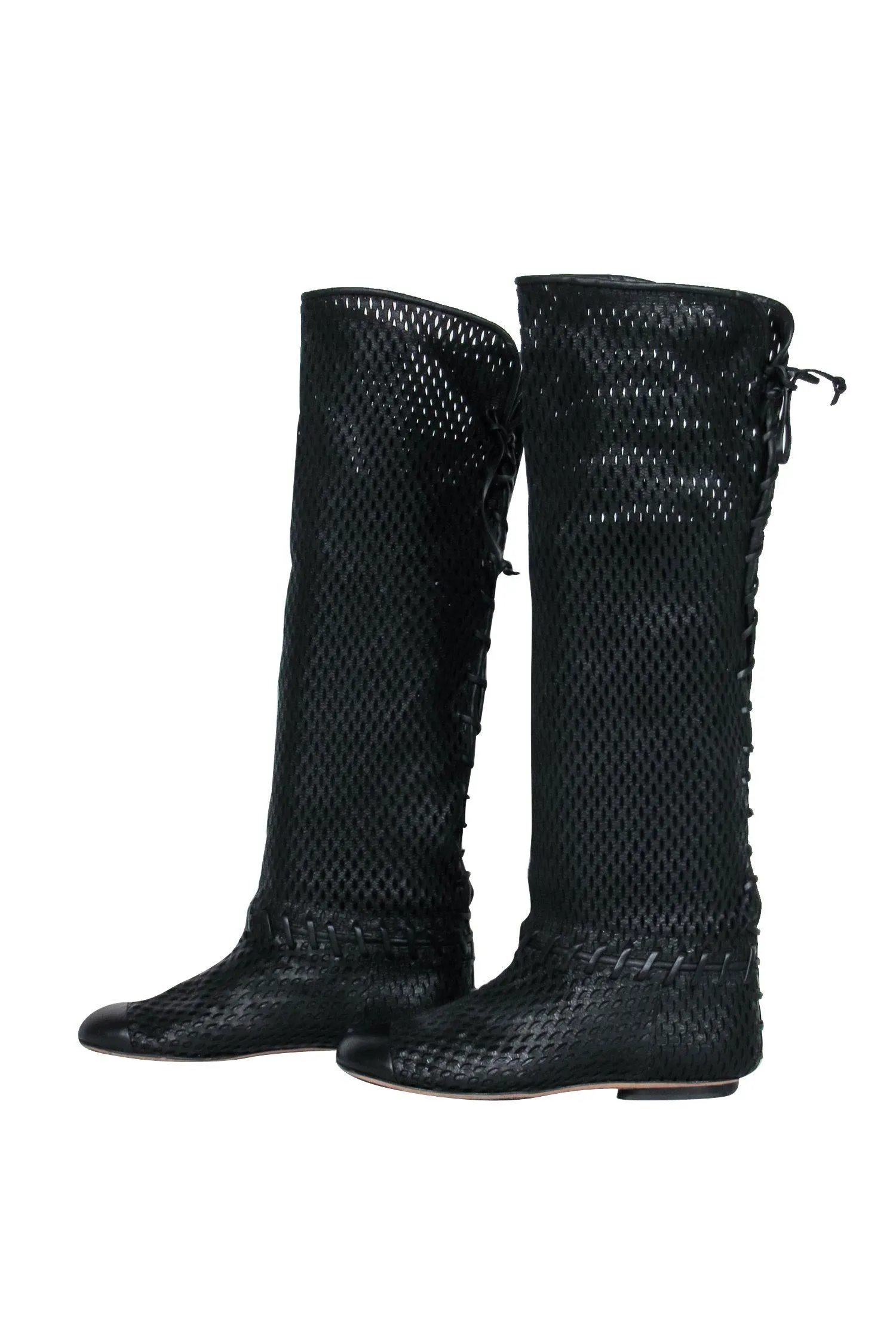 Chanel - Black Woven Knee High Lace-Up Boots Sz 7