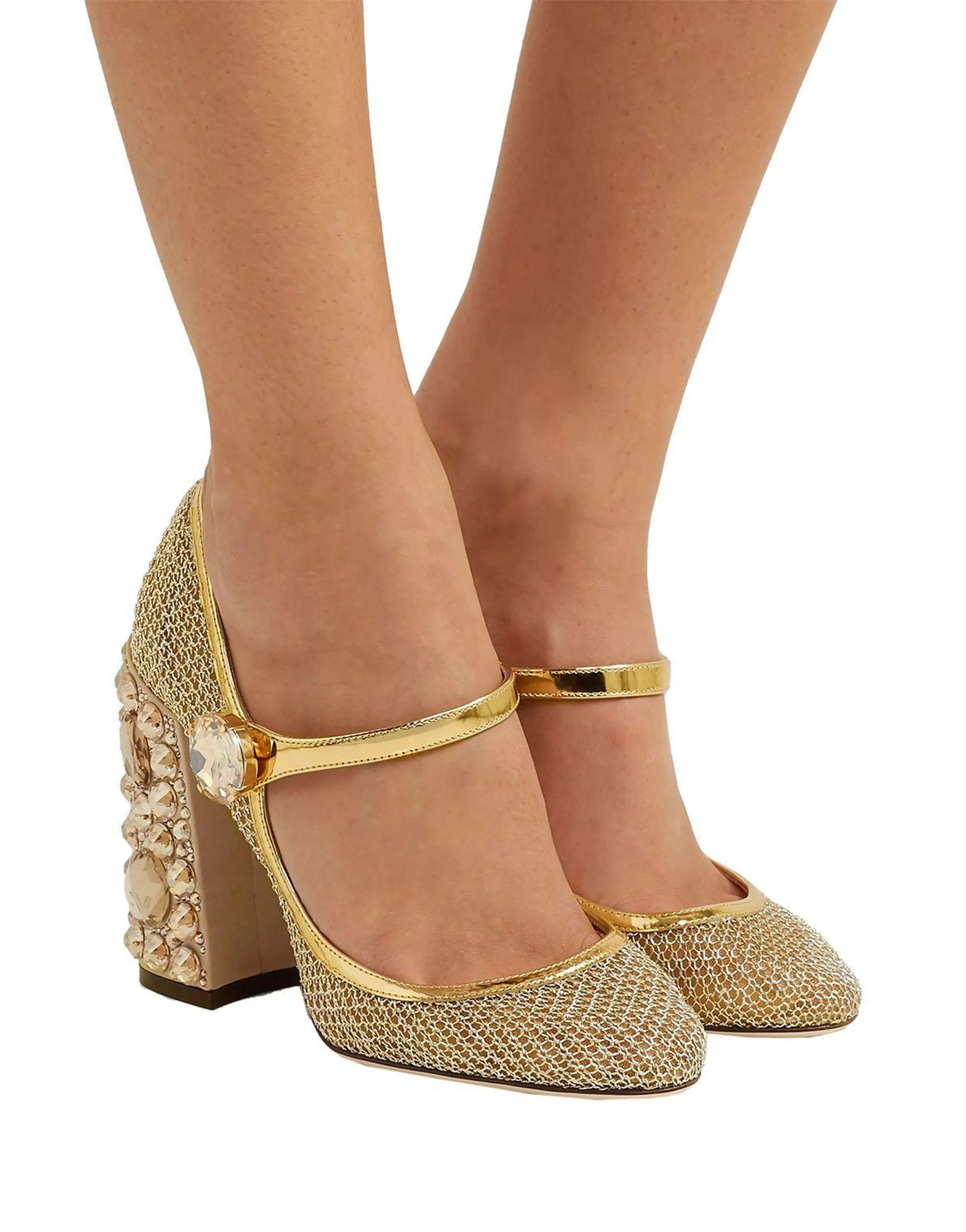 Crystal-Embellished Metallic Mary Jane Pumps