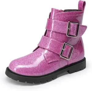 DREAM PAIRS Girls Boys Glitter Ankle Boots Side Zipper Combat Shoes with Buckles Toddler/Little Kid/Big Kid