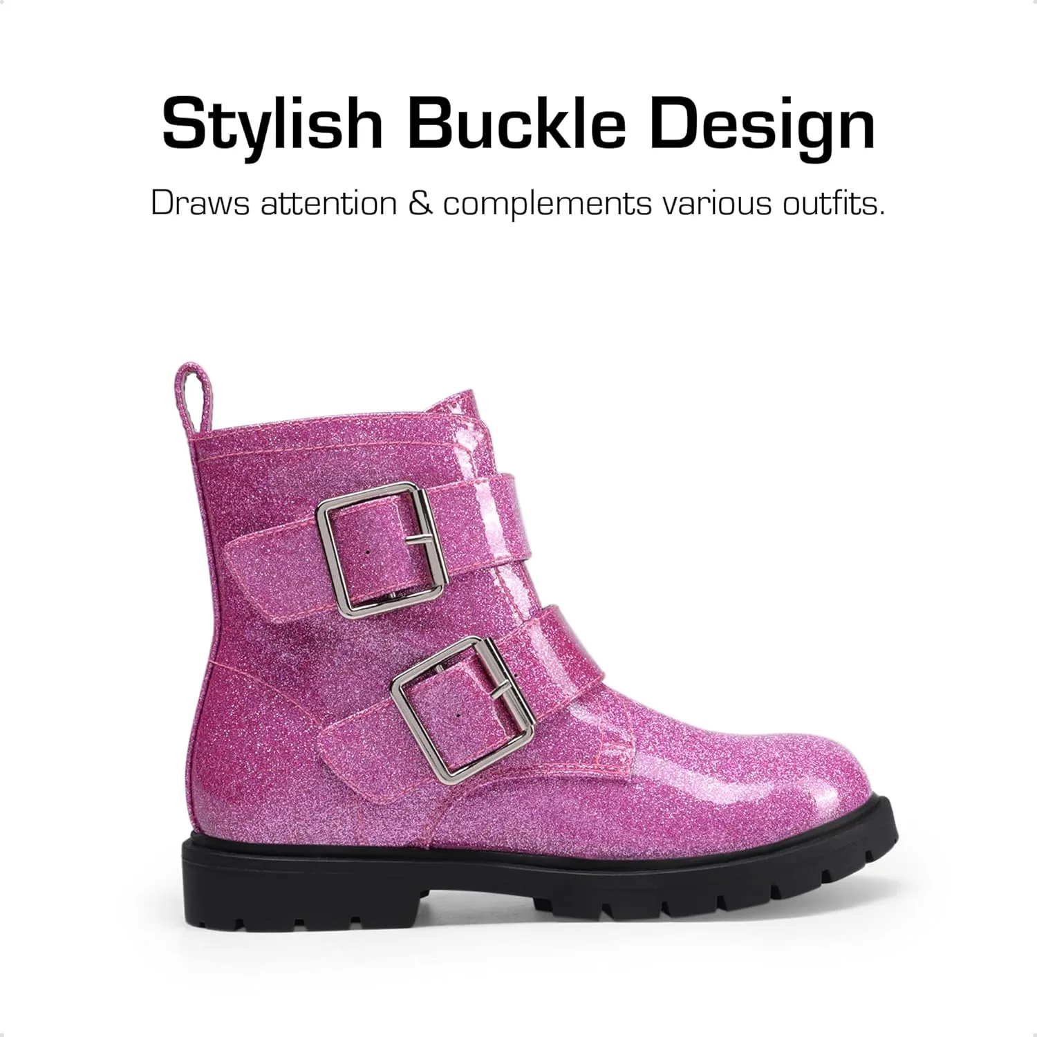 DREAM PAIRS Girls Boys Glitter Ankle Boots Side Zipper Combat Shoes with Buckles Toddler/Little Kid/Big Kid