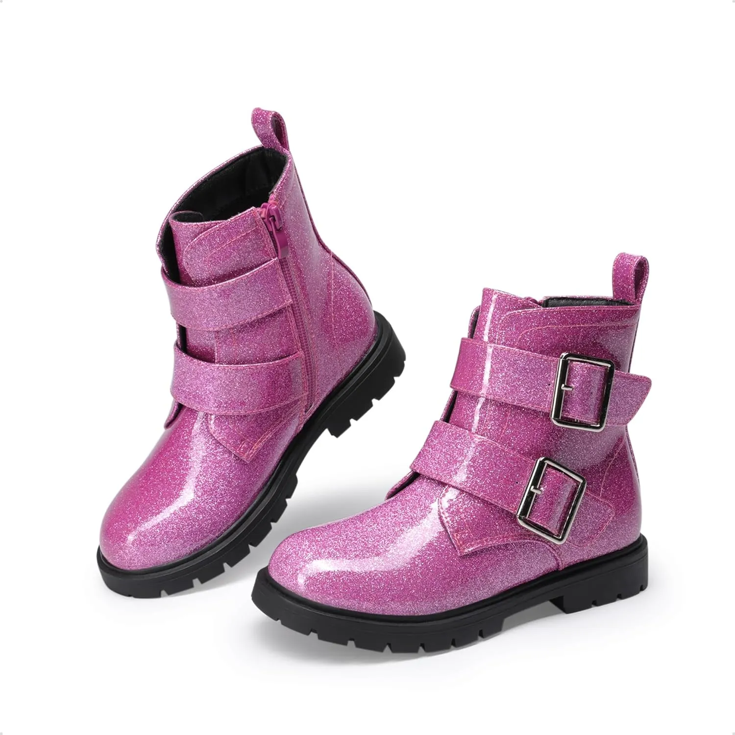 DREAM PAIRS Girls Boys Glitter Ankle Boots Side Zipper Combat Shoes with Buckles Toddler/Little Kid/Big Kid