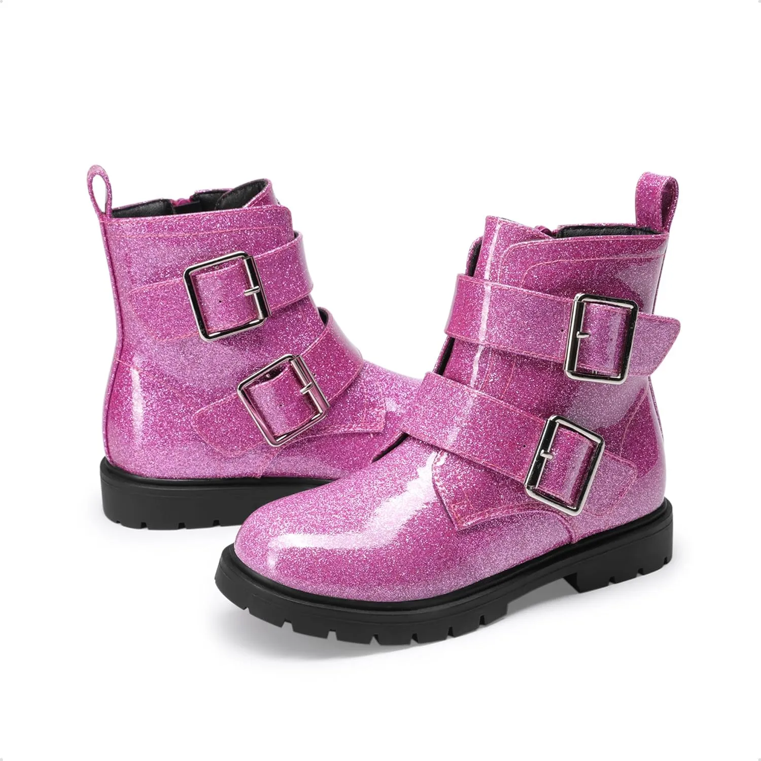 DREAM PAIRS Girls Boys Glitter Ankle Boots Side Zipper Combat Shoes with Buckles Toddler/Little Kid/Big Kid