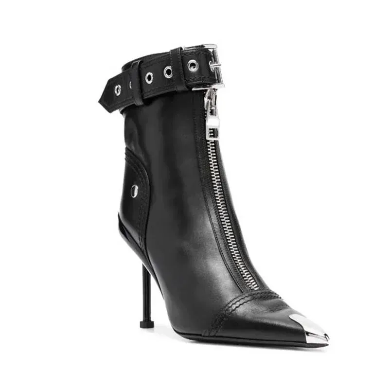 Edgy Pointed Ankle Boots: Belt Buckle & Zip |Golden Atelier