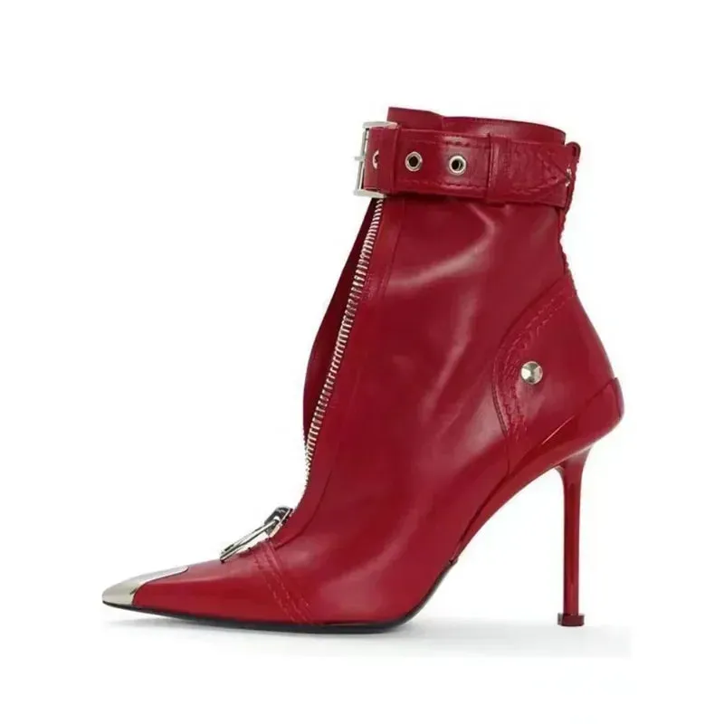 Edgy Pointed Ankle Boots: Belt Buckle & Zip |Golden Atelier