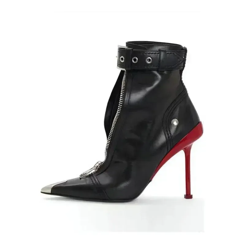 Edgy Pointed Ankle Boots: Belt Buckle & Zip |Golden Atelier