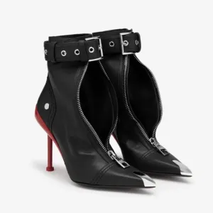 Edgy Pointed Ankle Boots: Belt Buckle & Zip |Golden Atelier