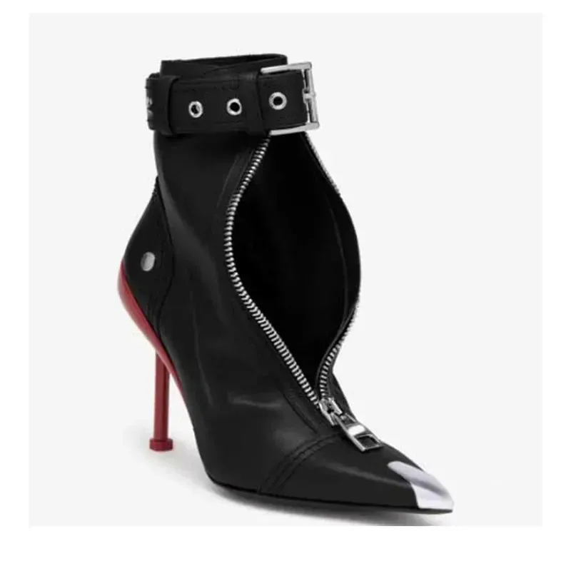 Edgy Pointed Ankle Boots: Belt Buckle & Zip |Golden Atelier