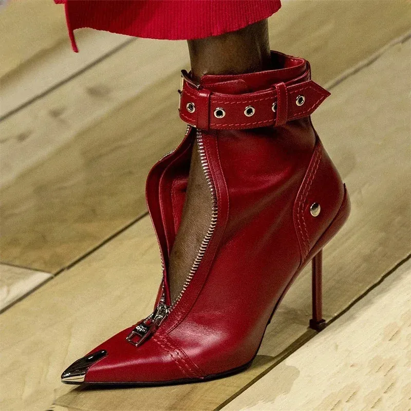 Edgy Pointed Ankle Boots: Belt Buckle & Zip |Golden Atelier
