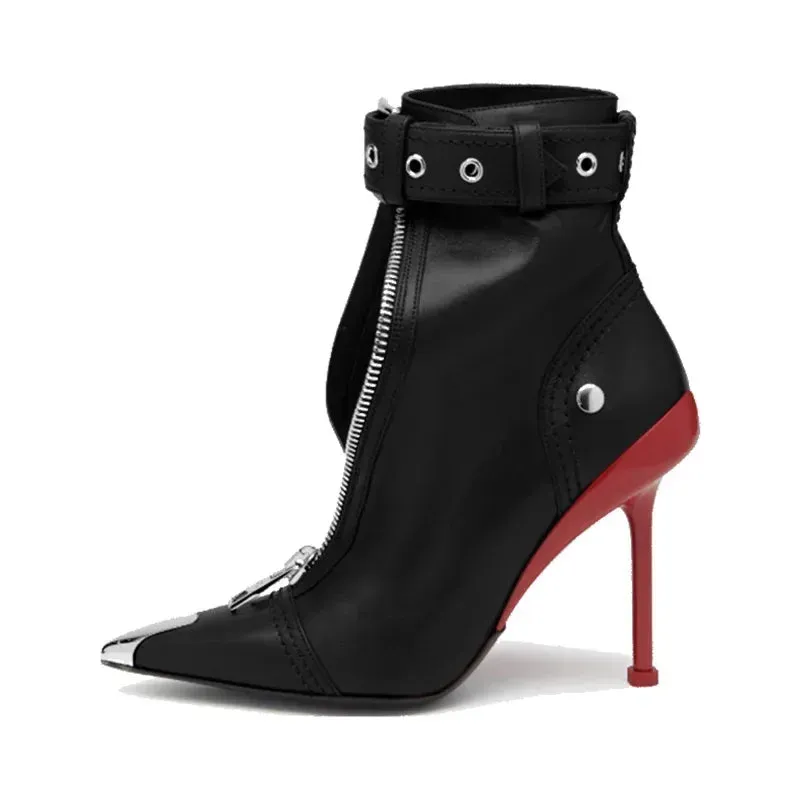 Edgy Pointed Ankle Boots: Belt Buckle & Zip |Golden Atelier