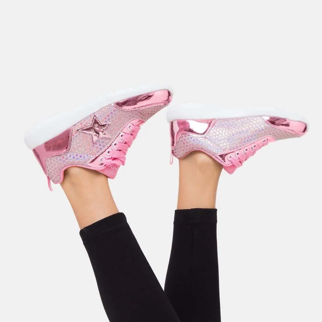 Girl's Glitter Star Pink Sneakers with Lights