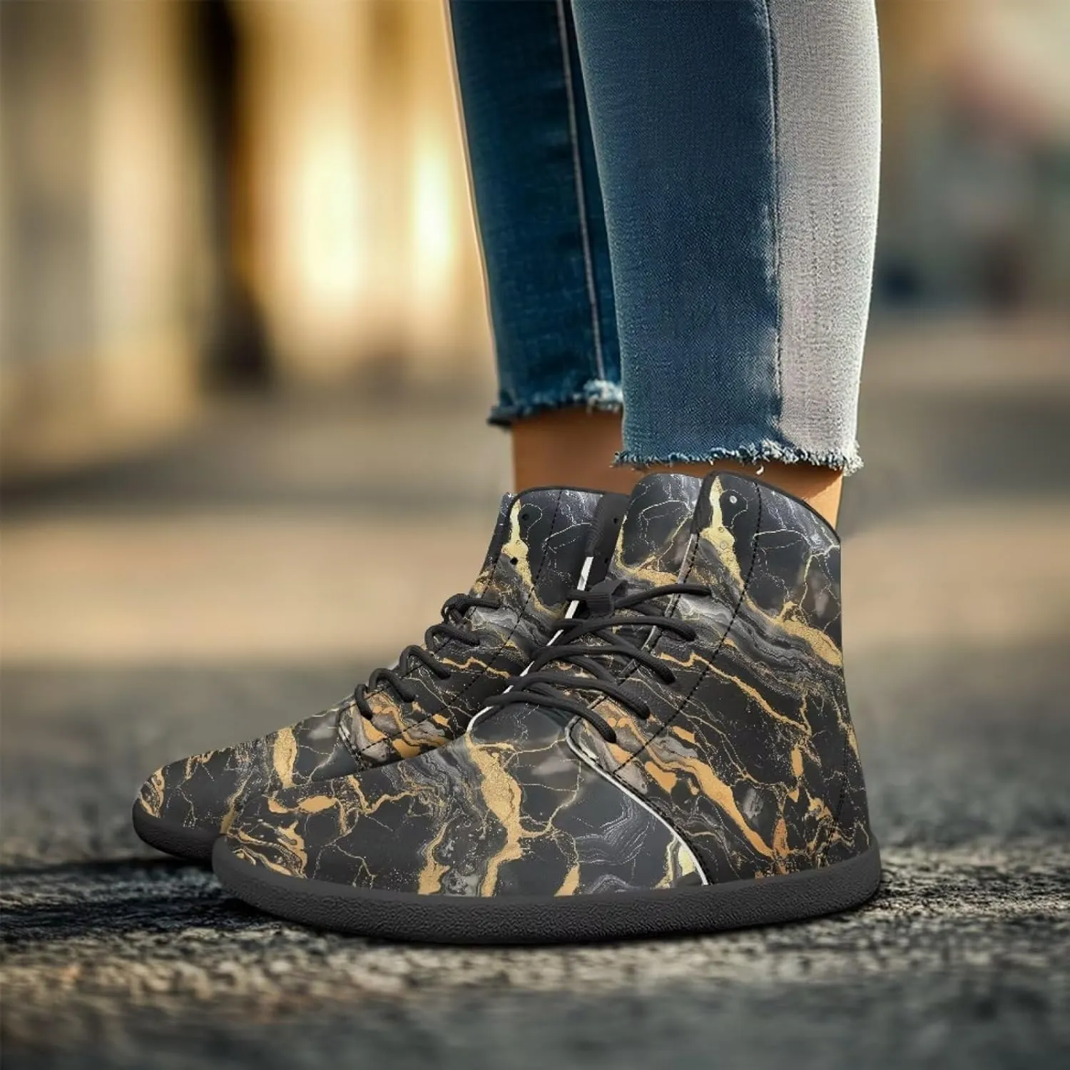 Howilath Marble Print High Top Sneakers for Men Wide Toe Barefoot Shoes Waterproof Running Cross Training Shoe