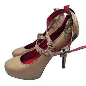 Madeline Stuart Womens Sz 8.5 Platform Pumps Beige Snakeskin Print Ankle Strap