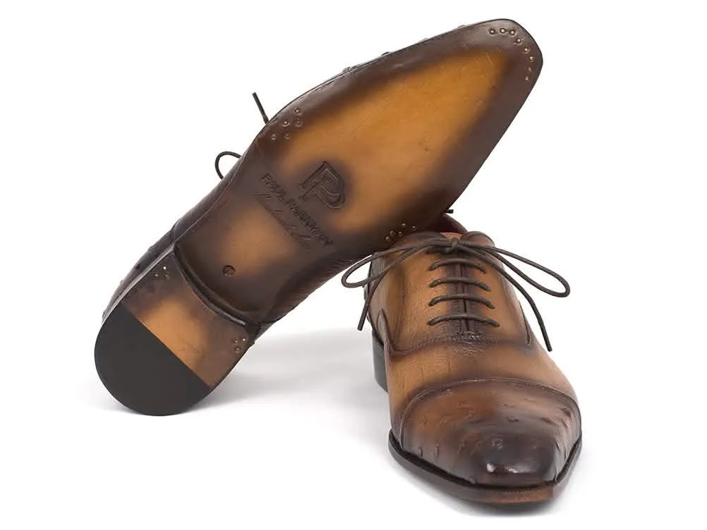 Men's Artisan-crafted Camel Ostrich Leather Captoe Oxfords by Paul Parkman