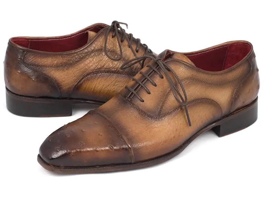 Men's Artisan-crafted Camel Ostrich Leather Captoe Oxfords by Paul Parkman