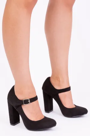 MICHELLE BLOCK HIGH HEEL PUMP WITH FRONT BUCKLE STRAP IN BLACK SUEDE