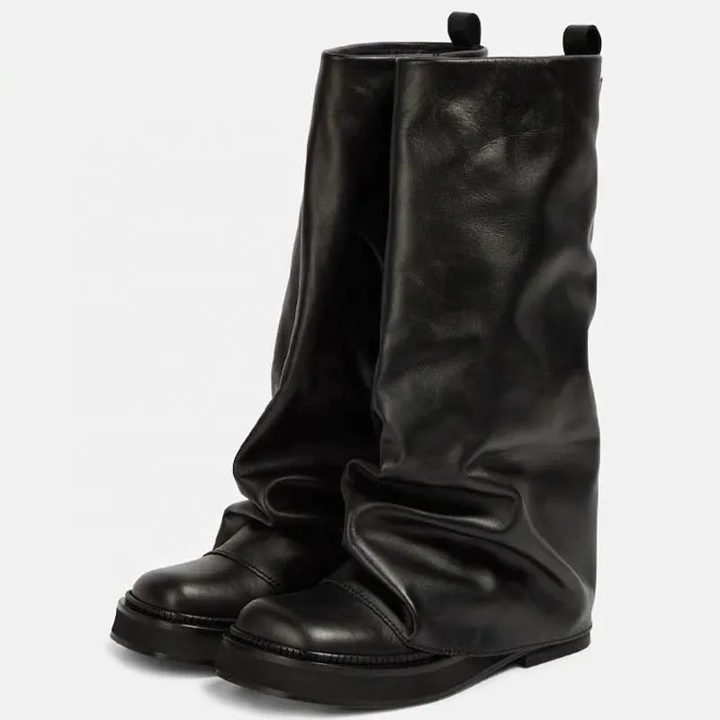 Sleek Modern Mid-Calf Leather Slouch Boots