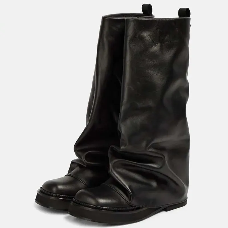 Sleek Modern Mid-Calf Leather Slouch Boots