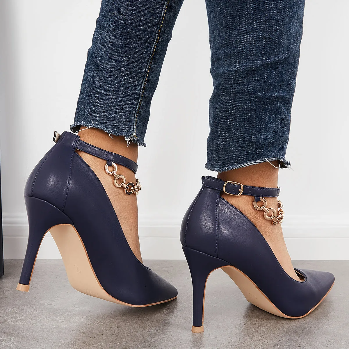 Sohiwoo Women Pointed Toe Stilettos High Heel Pumps Chain Ankle Strap Dress Shoes