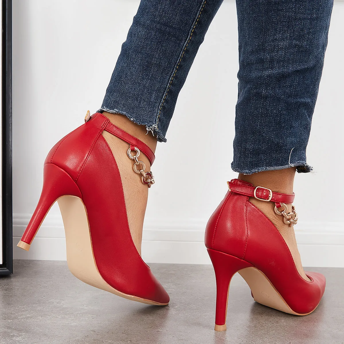 Sohiwoo Women Pointed Toe Stilettos High Heel Pumps Chain Ankle Strap Dress Shoes