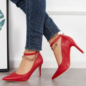Sohiwoo Women Pointed Toe Stilettos High Heel Pumps Chain Ankle Strap Dress Shoes