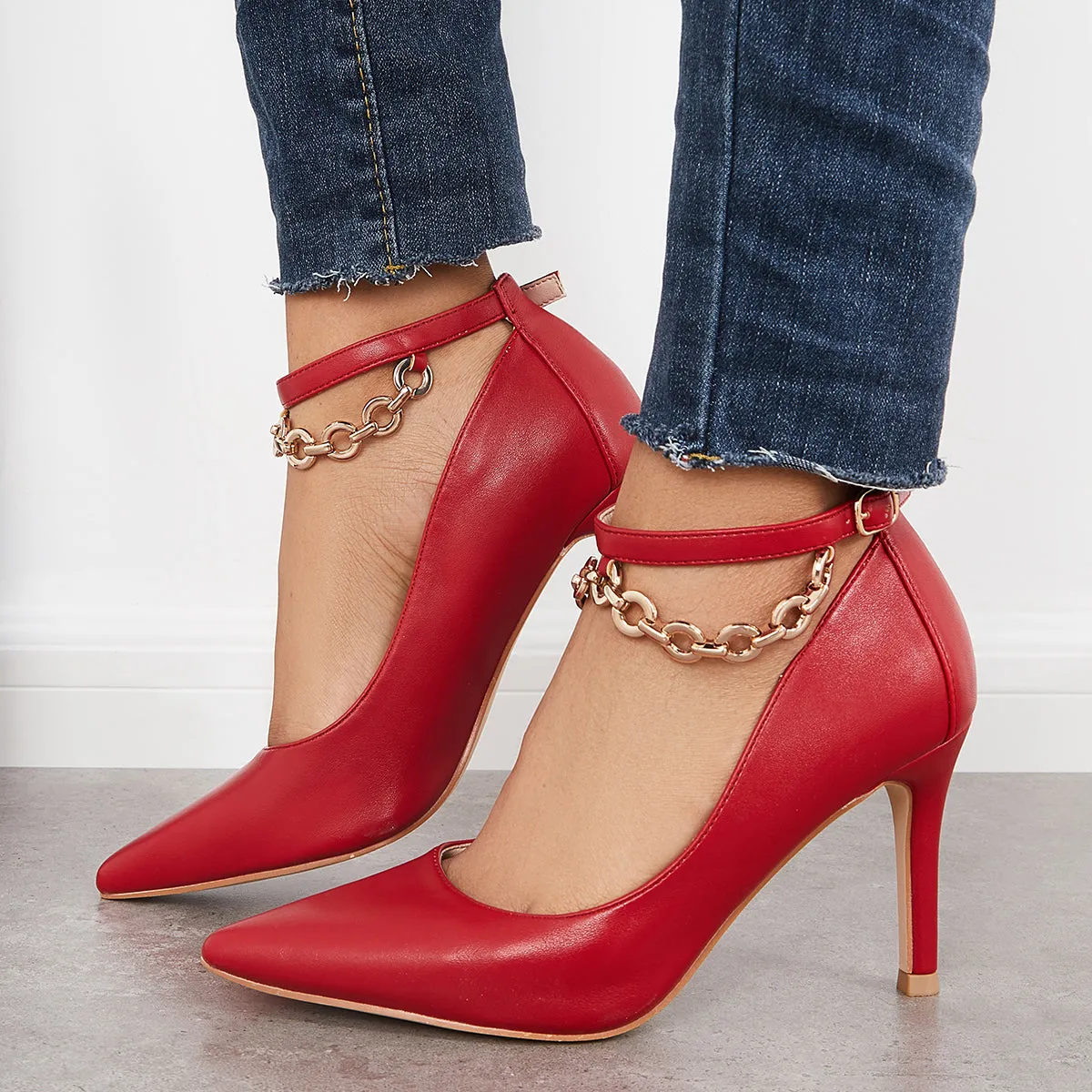 Sohiwoo Women Pointed Toe Stilettos High Heel Pumps Chain Ankle Strap Dress Shoes