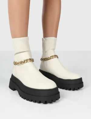 Tessa Cream Chunky Chain Detail Ankle Boots