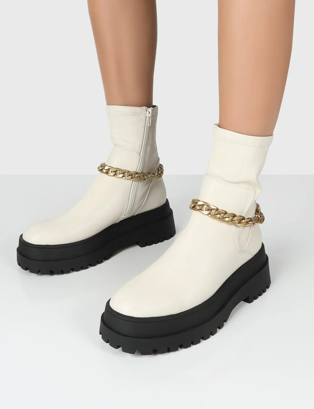 Tessa Cream Chunky Chain Detail Ankle Boots