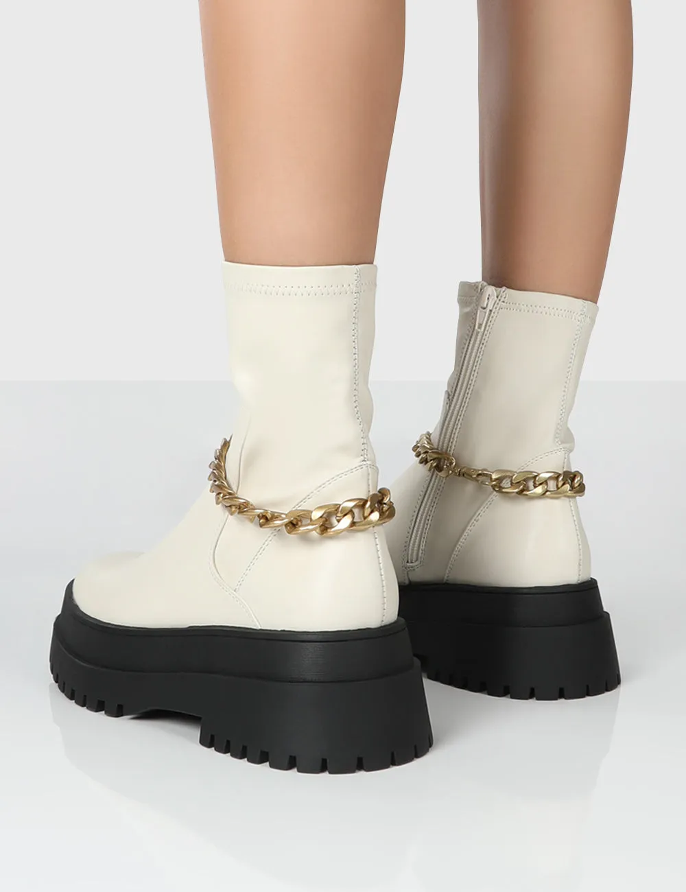 Tessa Cream Chunky Chain Detail Ankle Boots