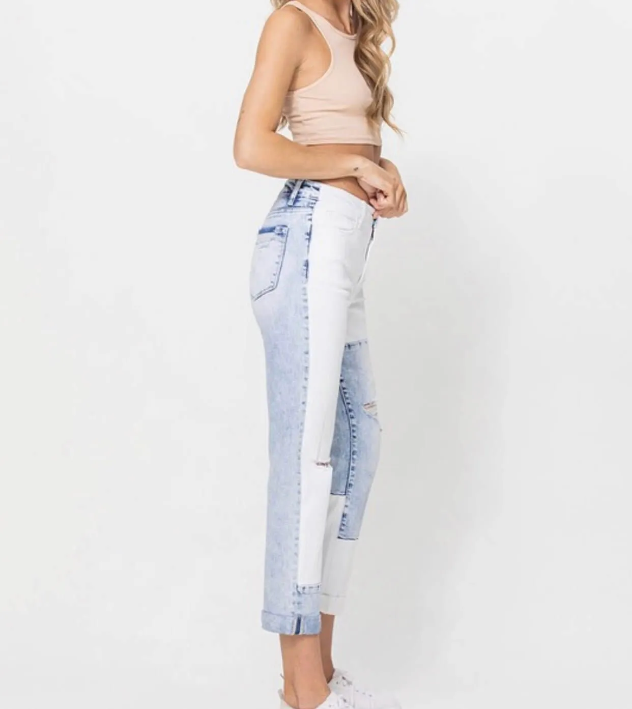 The Jude Jeans: Color Block Rolled Cuff Boyfriend Jeans