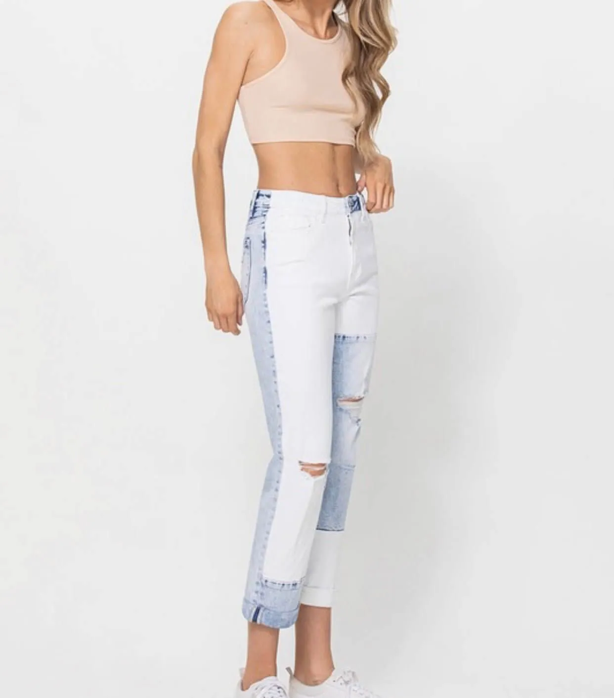 The Jude Jeans: Color Block Rolled Cuff Boyfriend Jeans