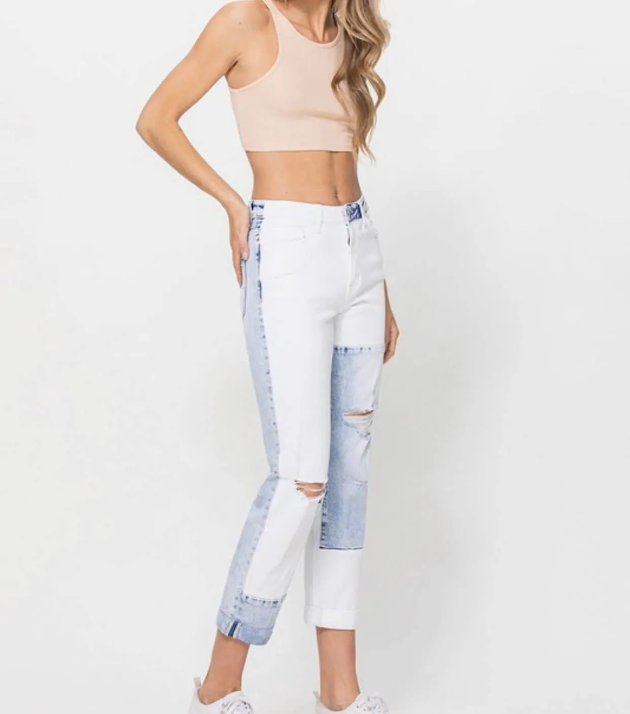 The Jude Jeans: Color Block Rolled Cuff Boyfriend Jeans