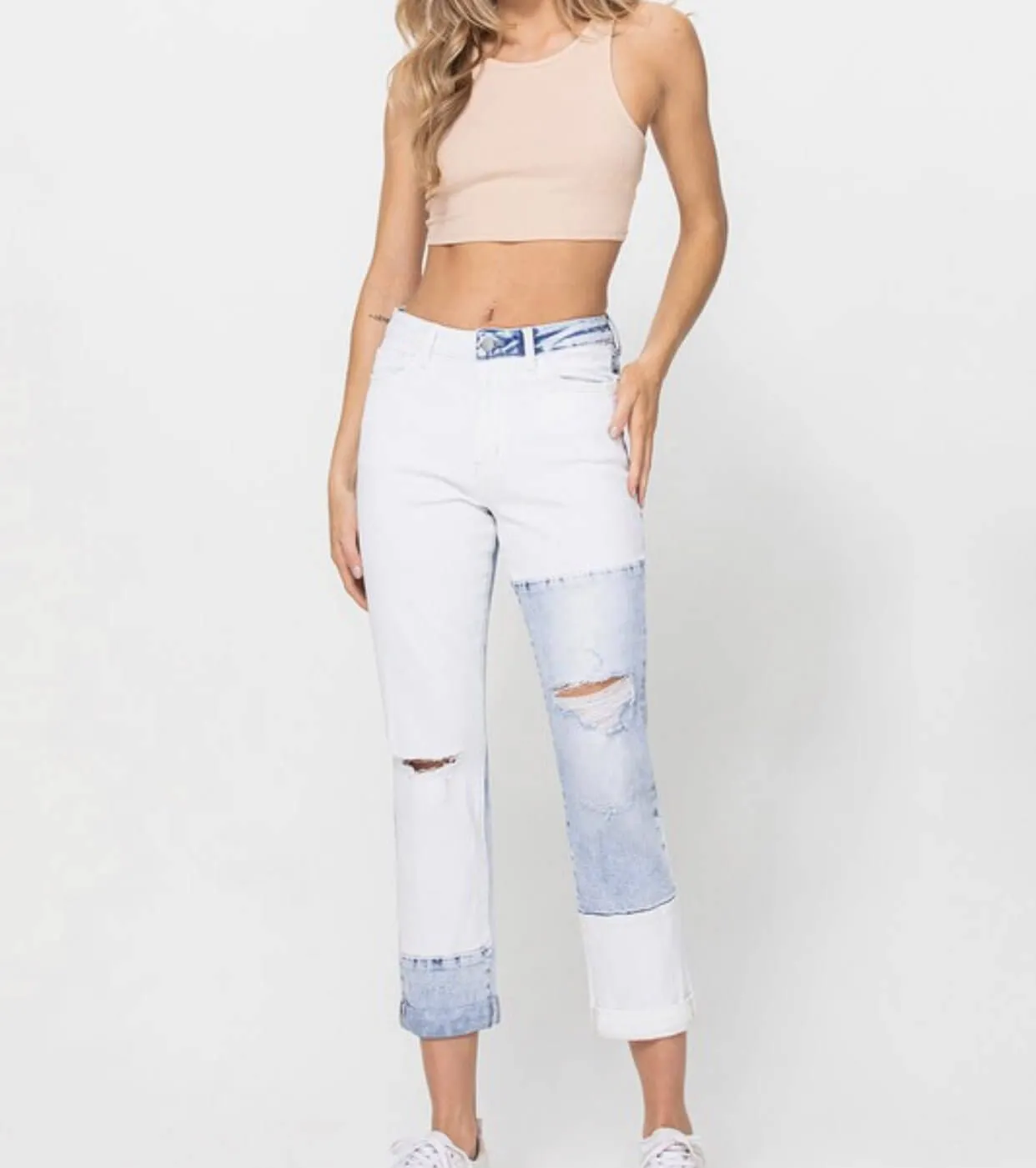 The Jude Jeans: Color Block Rolled Cuff Boyfriend Jeans