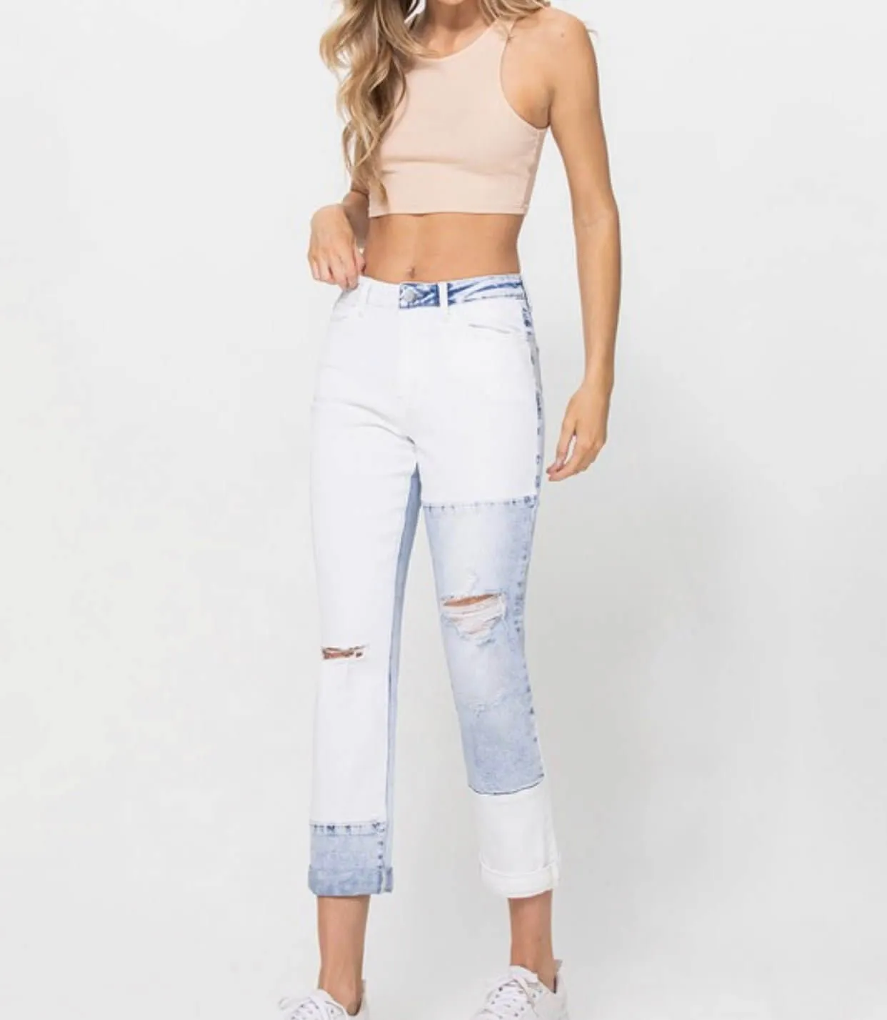 The Jude Jeans: Color Block Rolled Cuff Boyfriend Jeans