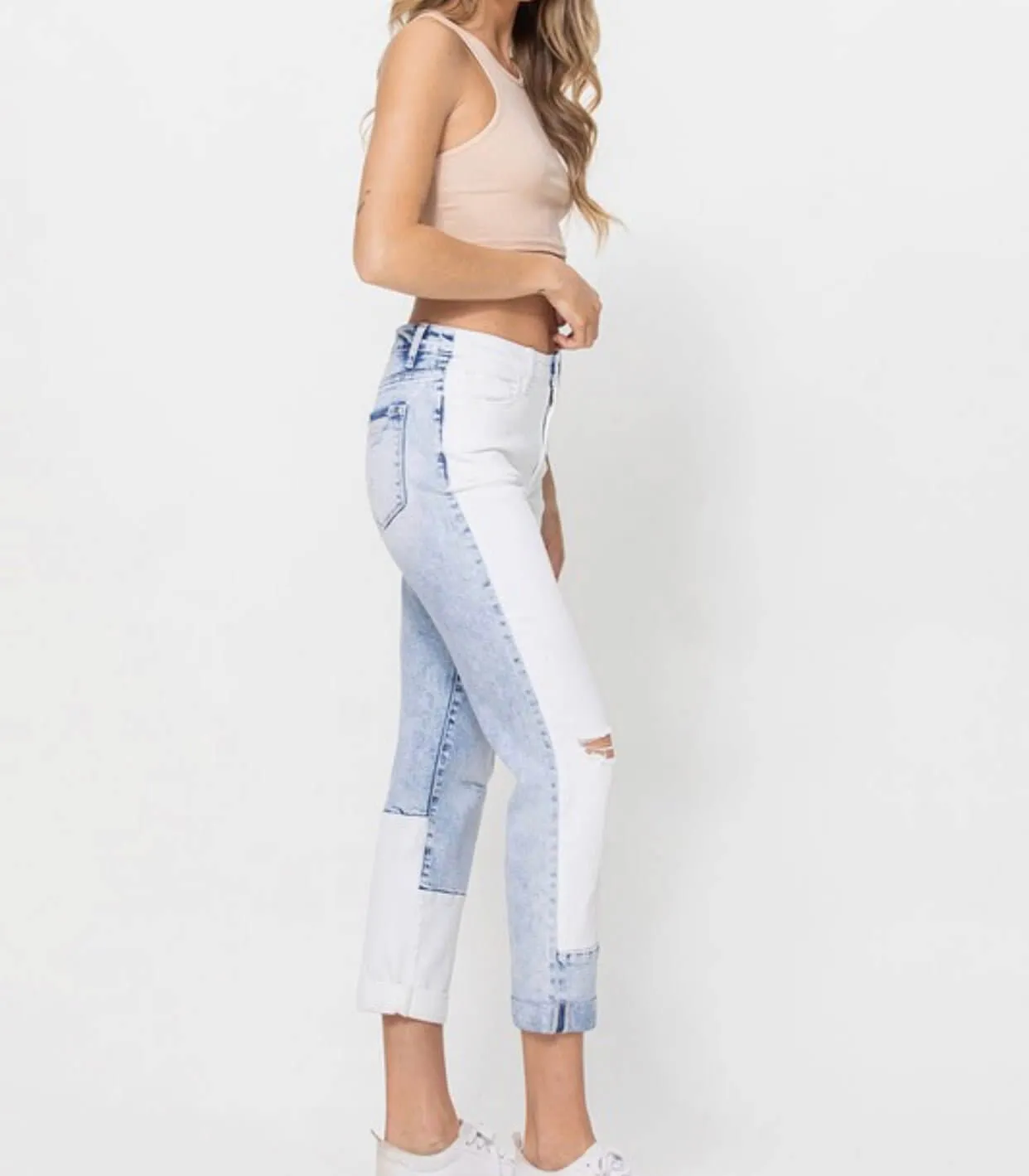 The Jude Jeans: Color Block Rolled Cuff Boyfriend Jeans