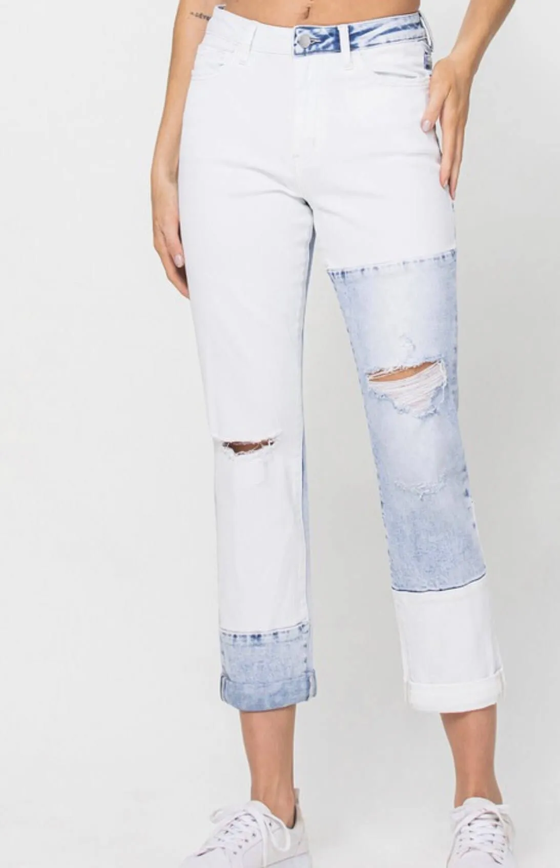 The Jude Jeans: Color Block Rolled Cuff Boyfriend Jeans