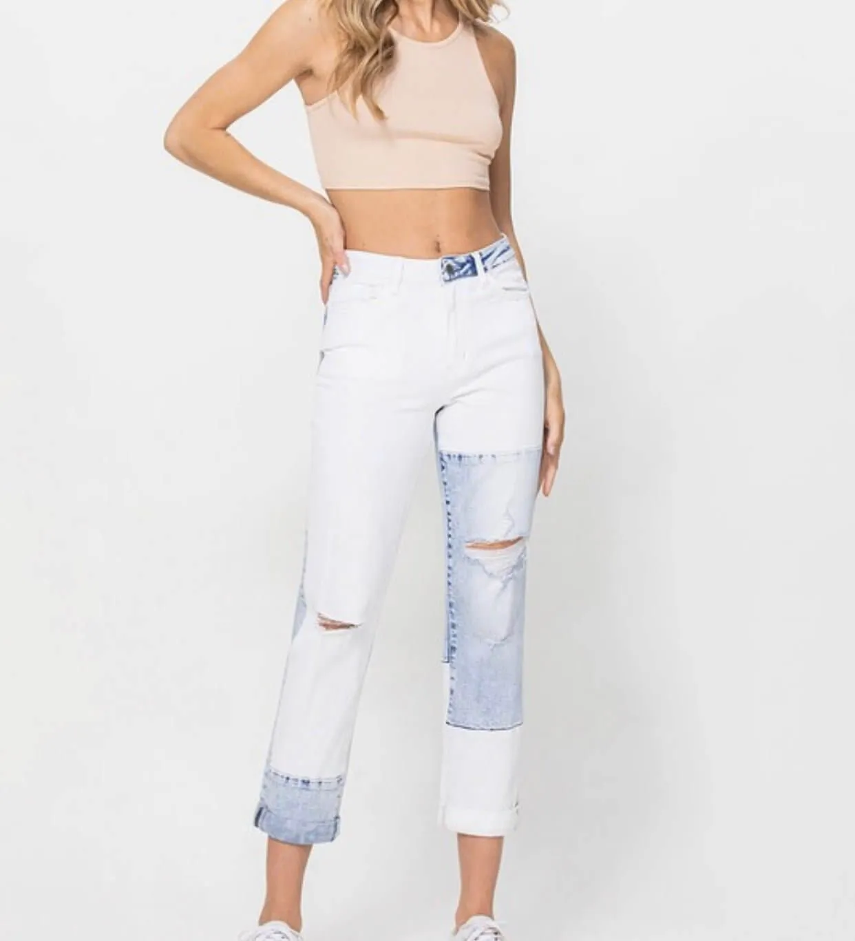 The Jude Jeans: Color Block Rolled Cuff Boyfriend Jeans
