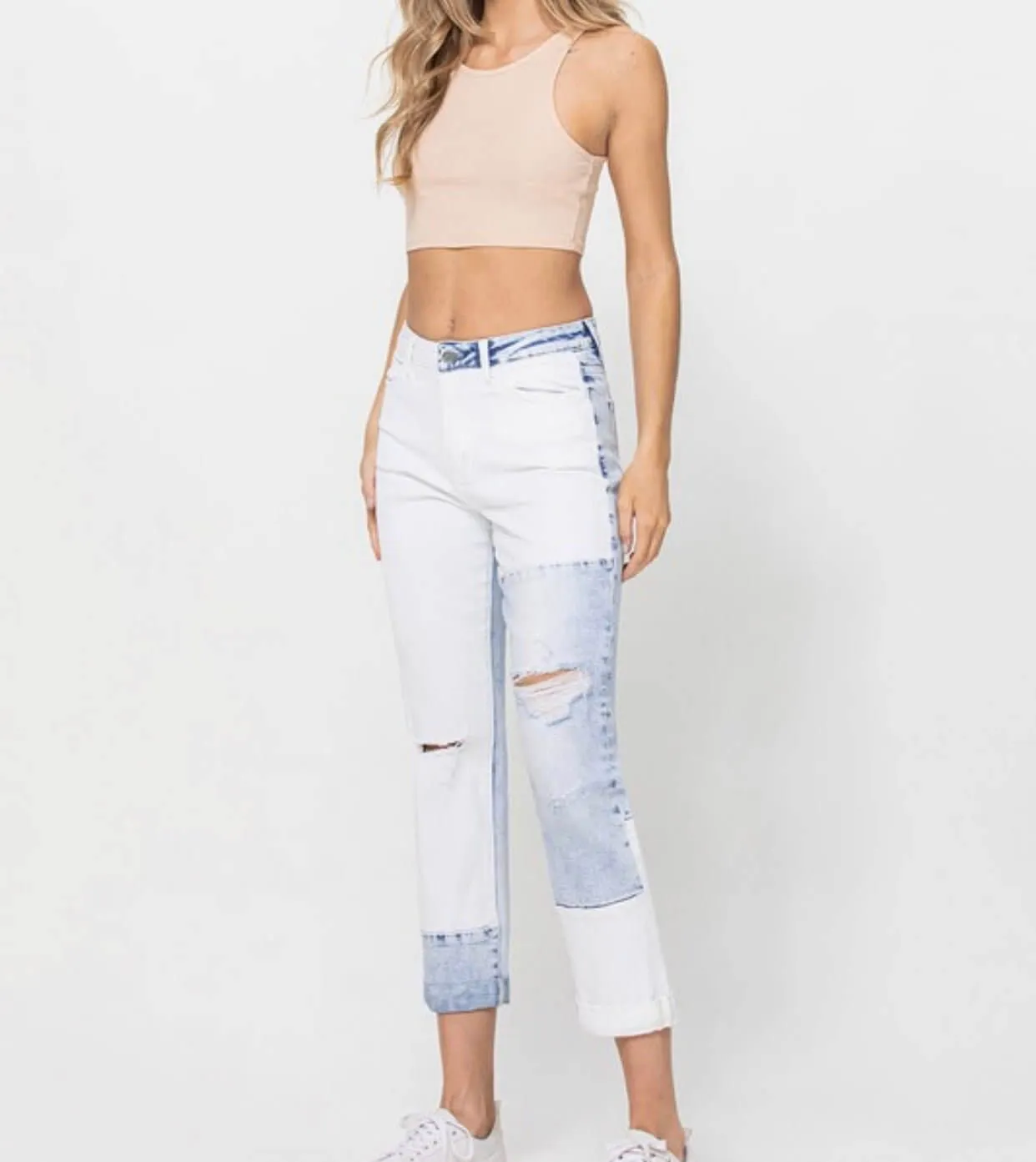 The Jude Jeans: Color Block Rolled Cuff Boyfriend Jeans