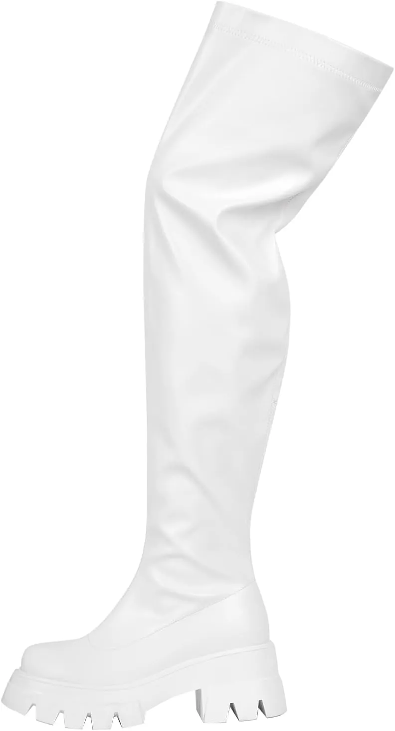 VERISSON Round Toe Low Block Heeled Thigh Boots Zip up Chunky Heels Tread Sole Fashion Booties