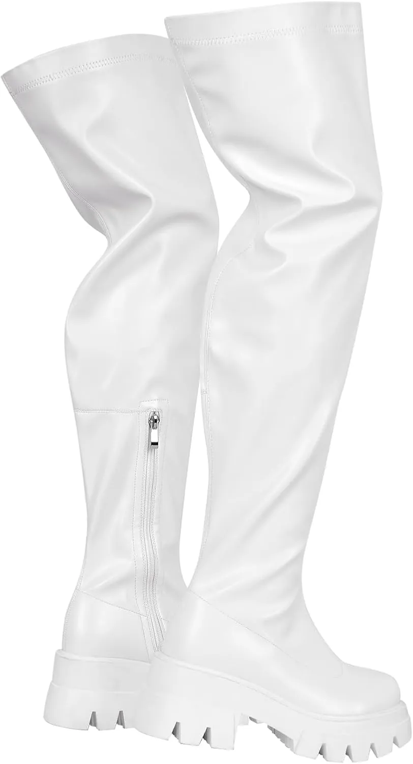 VERISSON Round Toe Low Block Heeled Thigh Boots Zip up Chunky Heels Tread Sole Fashion Booties
