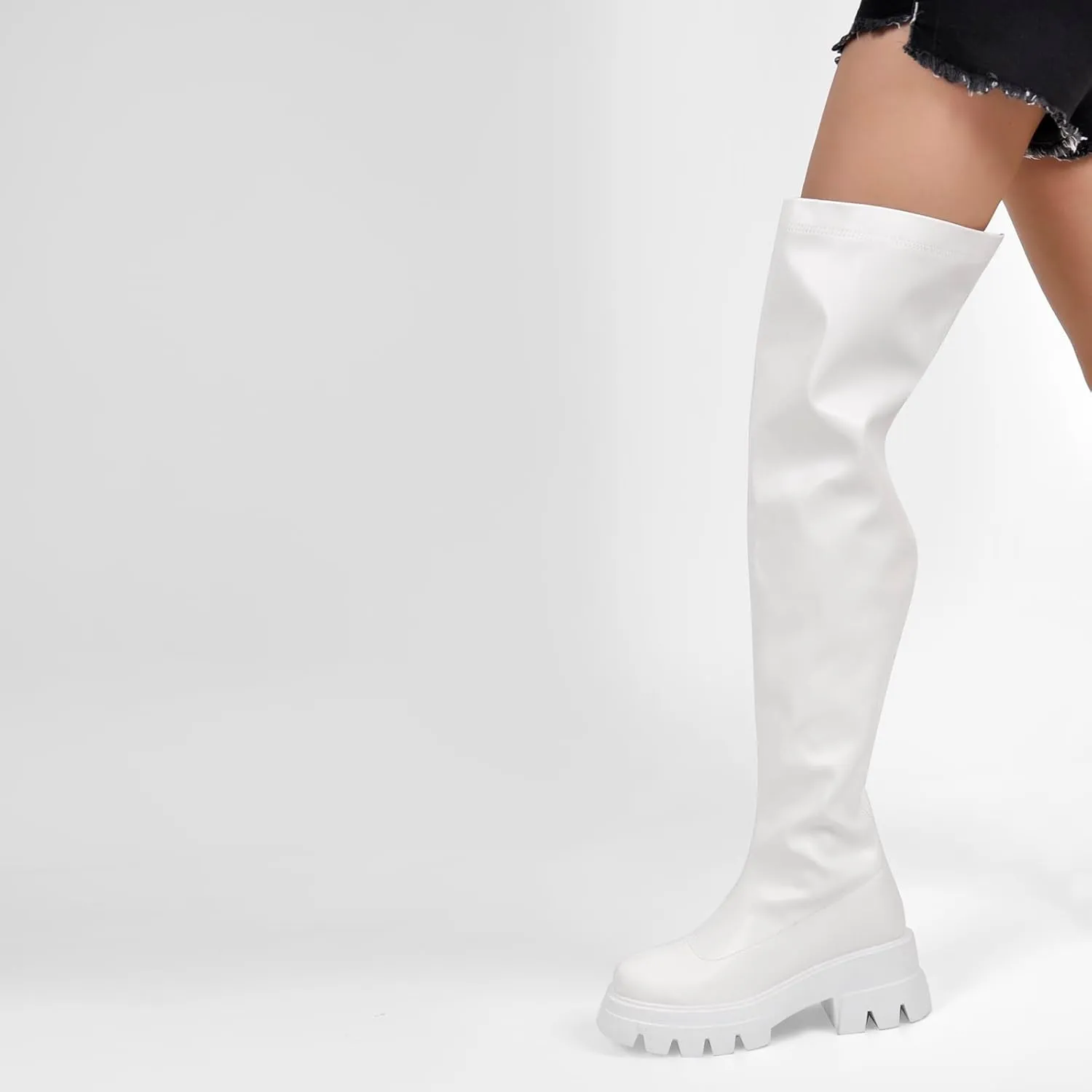 VERISSON Round Toe Low Block Heeled Thigh Boots Zip up Chunky Heels Tread Sole Fashion Booties