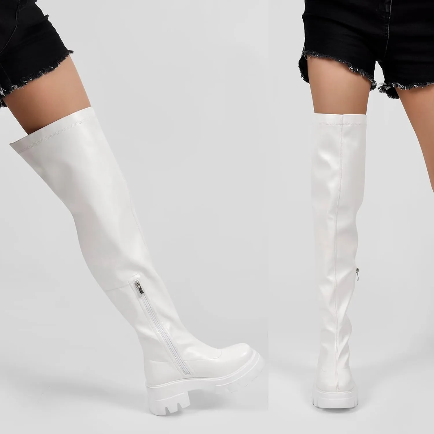 VERISSON Round Toe Low Block Heeled Thigh Boots Zip up Chunky Heels Tread Sole Fashion Booties