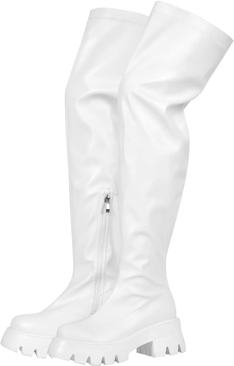 VERISSON Round Toe Low Block Heeled Thigh Boots Zip up Chunky Heels Tread Sole Fashion Booties