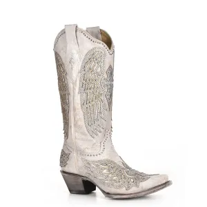 Wing & Cross Studded White Wedding Boots - Corral Boots at Bourbon Cowgirl