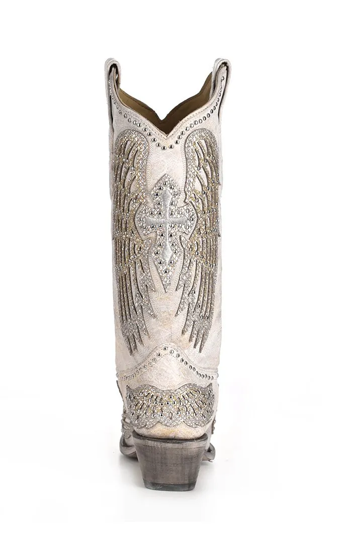 Wing & Cross Studded White Wedding Boots - Corral Boots at Bourbon Cowgirl