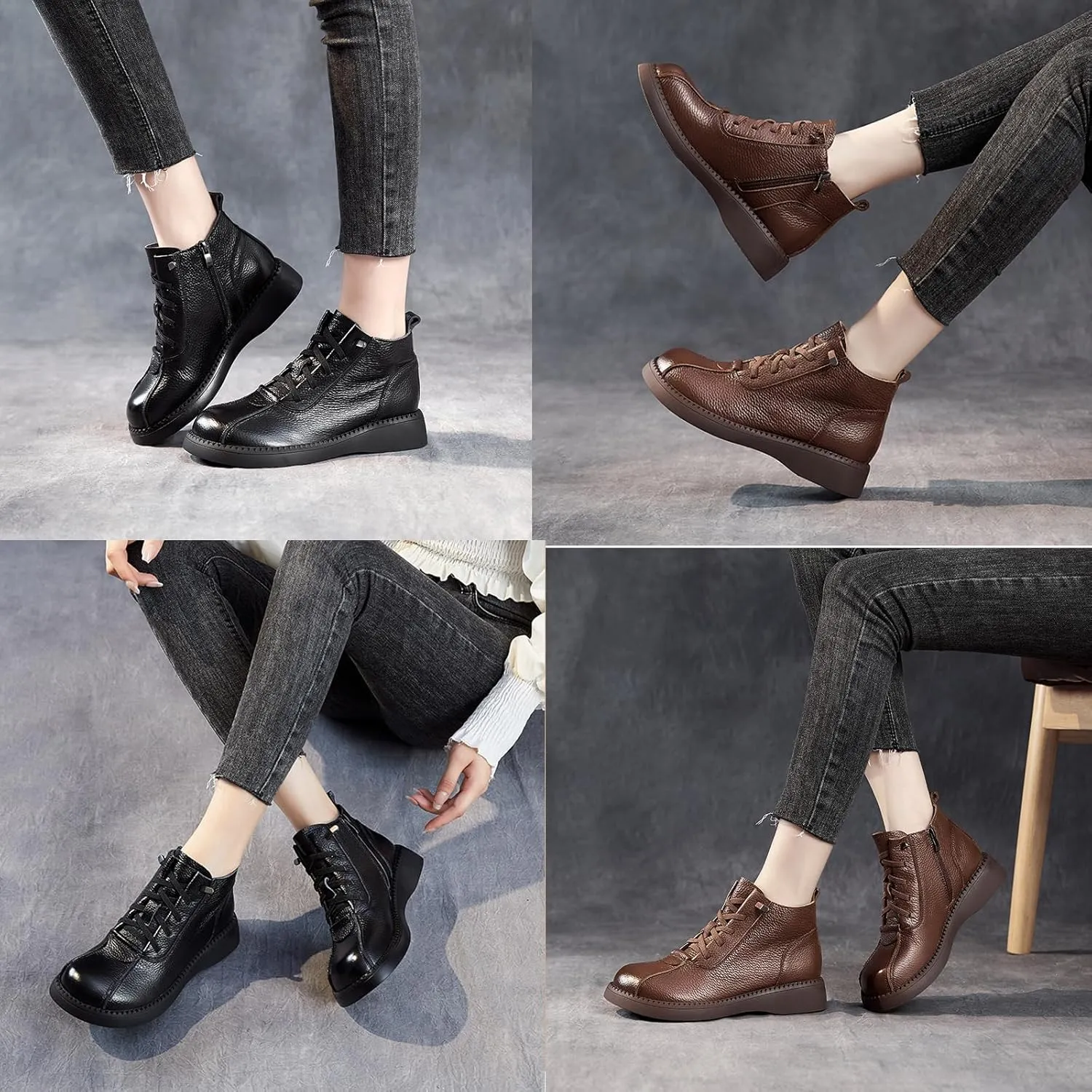 Women's Vintage Leather Lace Up Flat Ankle Booties with Side Zipper,Fashionable Round Toe Non-slip Wear-Resistant Combat Boots Casual Soft Sole Ankle Boots.